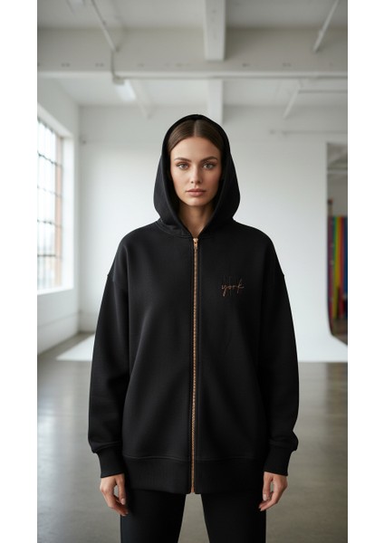 Kadın Şardonlu Üç Ip Kapşonlu Fermuarlı Emma Sweatshirt Siyah fırsatları