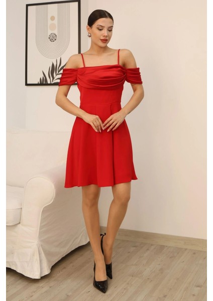 Drape Detaylı Askılı Midi Elbise 2380-KIRMIZI