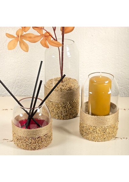 El Yapımı 3’lü Cam Dekor Seti – Mumluk, Oda Kokusu ve Vazolu Çiçek | Doğal Jüt Kaplı Dekoratif Ev Aksesuarı modelleri