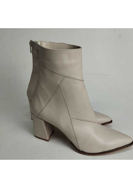 Kadın Hakiki Deri Bej Deri Topuklu Bot