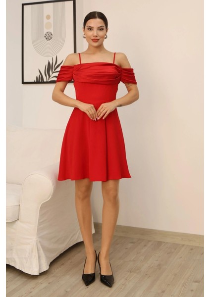 Drape Detaylı Askılı Midi Elbise 2380-KIRMIZI fiyatları