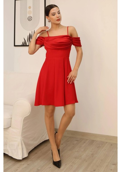 Drape Detaylı Askılı Midi Elbise 2380-KIRMIZI modelleri