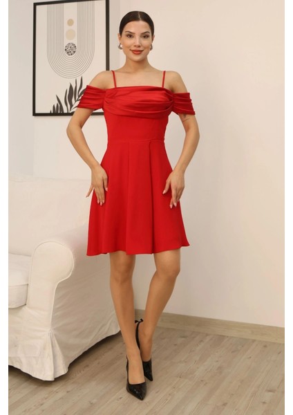 Drape Detaylı Askılı Midi Elbise 2380-KIRMIZI fırsatları