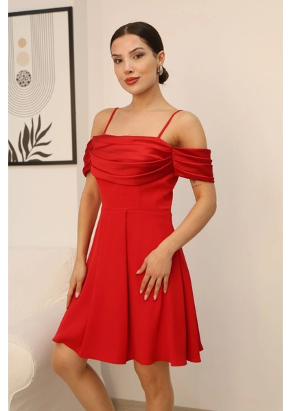 Drape Detaylı Askılı Midi Elbise 2380-KIRMIZI indirimleri