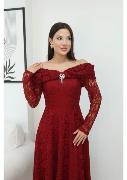 Aşkın Büyüsü Dantel Abiye Elbise 6055-BORDO fırsatları