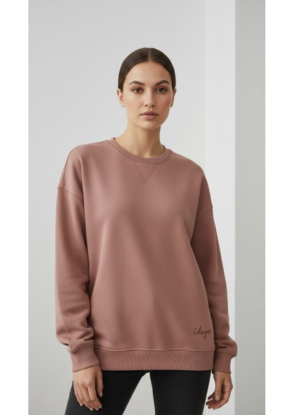 Kadın Sıfır Yaka Üç Ip Şardonlu Koty Sweatshirt Somon