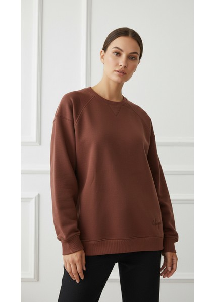 Kadın Sıfır Yaka Üç Ip Şardonlu Koty Sweatshirt Kahverengi