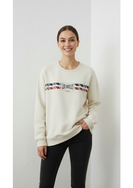 Kadın Baskılı Şardonlu Üç Ip Şevval Sweatshirt Ekru modelleri