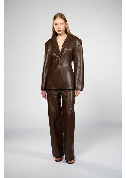 Kadın Kahverengi Bele Oturan Deri Blazer Ceket