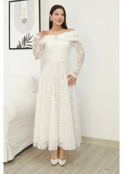 Aşkın Büyüsü Dantel Abiye Elbise 6055-BEYAZ