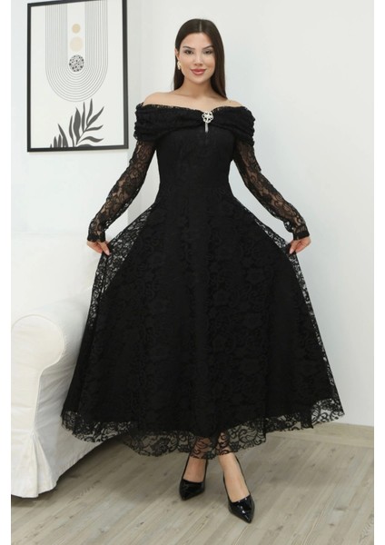 Aşkın Büyüsü Dantel Abiye Elbise 6055-SIYAH