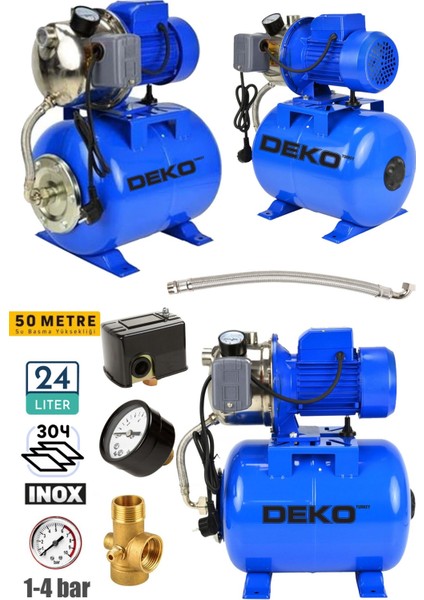 1.5 Hp Paslanmaz Jet Pompalı Su Pompası + 24LT Yatay Küre Tank Seti Otomatik Hidrofor Su Pompası