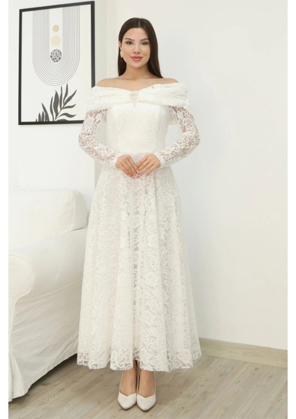 Aşkın Büyüsü Dantel Abiye Elbise 6055-BEYAZ fiyatları