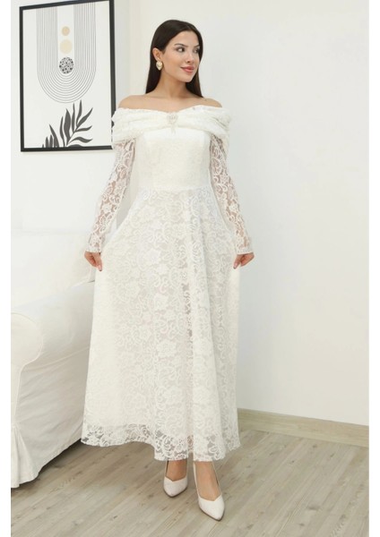 Aşkın Büyüsü Dantel Abiye Elbise 6055-BEYAZ modelleri