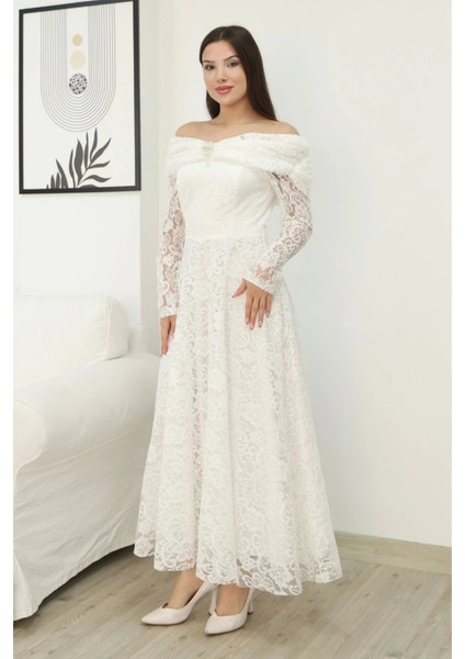 Aşkın Büyüsü Dantel Abiye Elbise 6055-BEYAZ indirimleri