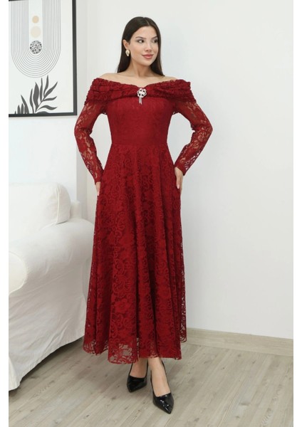 Aşkın Büyüsü Dantel Abiye Elbise 6055-BORDO