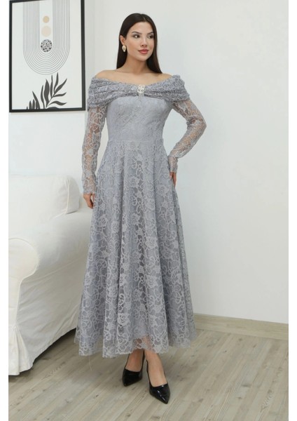 Aşkın Büyüsü Dantel Abiye Elbise 6055-GRI