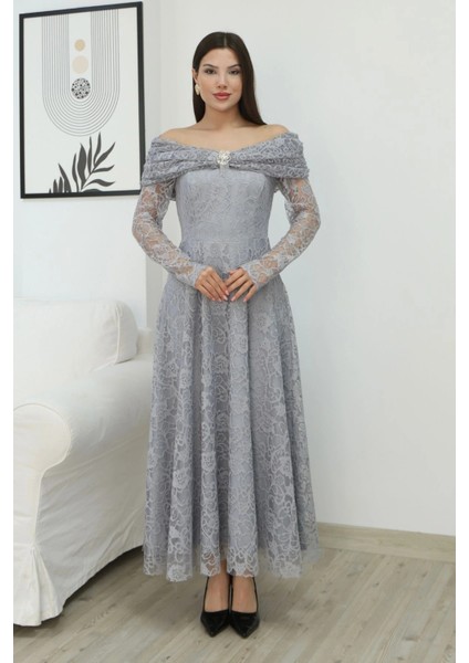 Aşkın Büyüsü Dantel Abiye Elbise 6055-GRI fiyatları