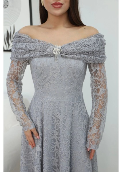 Aşkın Büyüsü Dantel Abiye Elbise 6055-GRI indirimleri