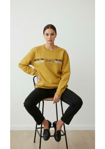 Kadın Baskılı Şardonlu Üç Ip Şevval Sweatshirt Sarı