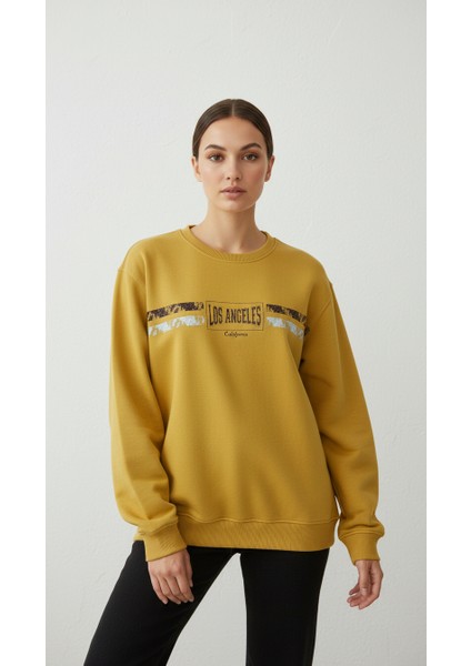 Kadın Baskılı Şardonlu Üç Ip Şevval Sweatshirt Sarı fiyatları