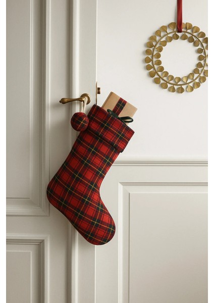 Yılbaşı Süsü Şömine Ekose Hediyelik Çorap 30X 50 cm