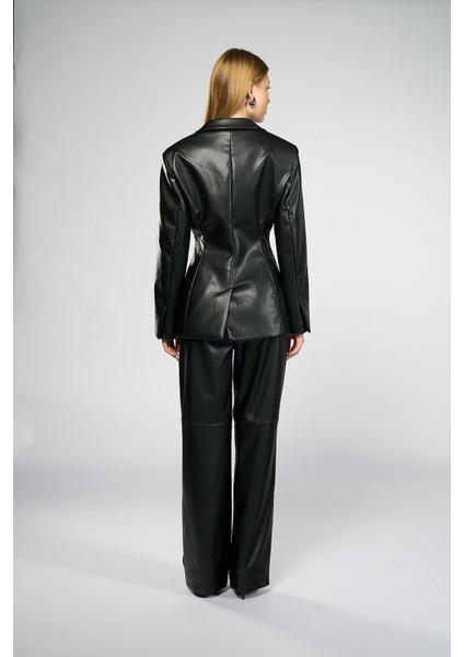 Kadın Siyah Bele Oturan Deri Blazer Ceket modelleri