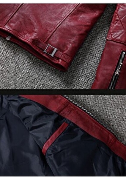 Vintage Erkek Motosiklet Deri Mont Şarap Kırmızı Renk Slimfit Tasarım Özellikli indirimleri