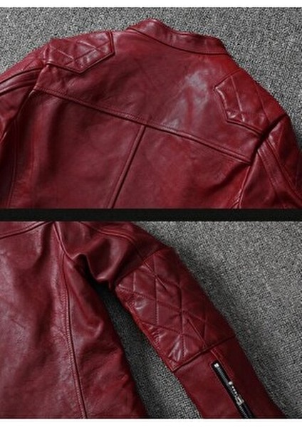 Vintage Erkek Motosiklet Deri Mont Şarap Kırmızı Renk Slimfit Tasarım Özellikli fırsatları