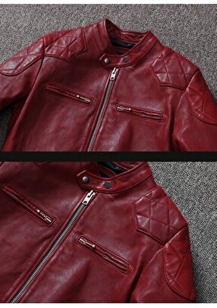 Vintage Erkek Motosiklet Deri Mont Şarap Kırmızı Renk Slimfit Tasarım Özellikli