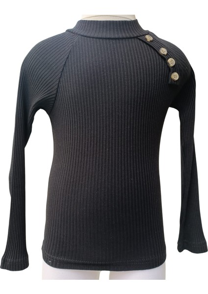 Kız Çocuk Siyah Yarım Balıkçı Yaka Kaşkorse Sweatshirt Body – Düğme Aksesuarlı, Pamuklu ve Esnek Kumaş