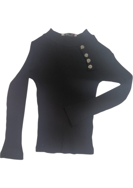 Kız Çocuk Siyah Yarım Balıkçı Yaka Kaşkorse Sweatshirt Body – Düğme Aksesuarlı, Pamuklu ve Esnek Kumaş fırsatları