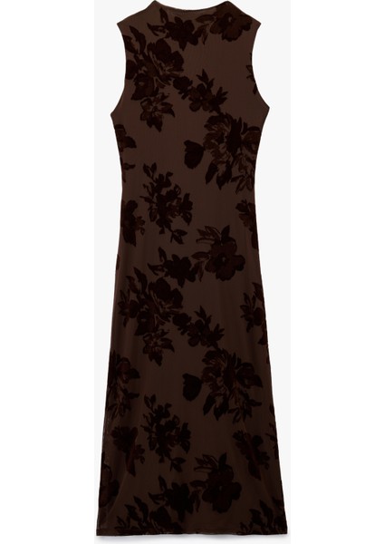 Slim Fit Kolsuz Bisiklet Yaka Drapeli Çiçekli Tül Uzun Kalem Elbise fiyatları