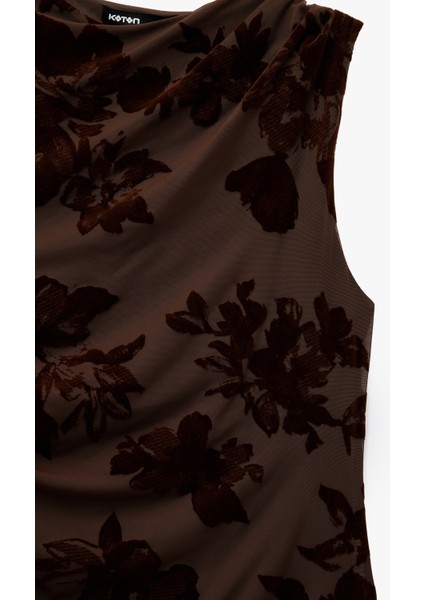 Slim Fit Kolsuz Bisiklet Yaka Drapeli Çiçekli Tül Uzun Kalem Elbise modelleri