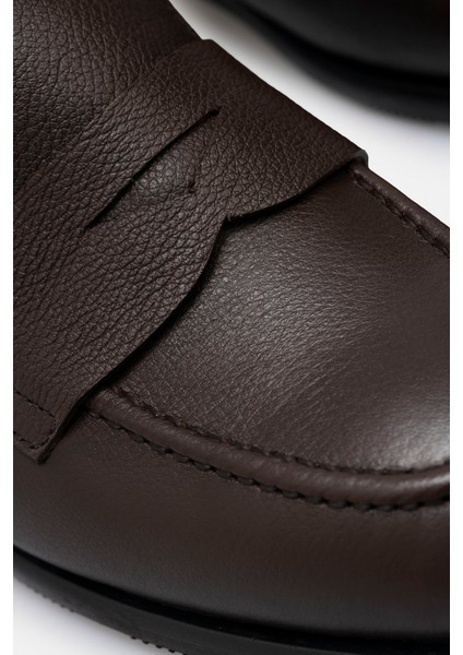 Kadın Hakiki Deri El Yapımı Acı Kahve Penny Loafer Günlük Ayakkabı