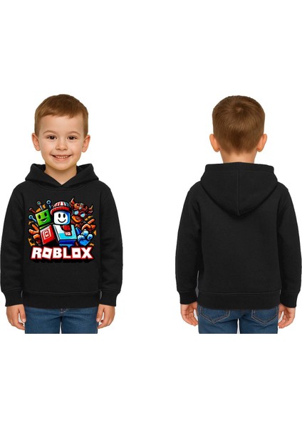 Unisex Roblox Baskılı Çocuk Swaetshirt Baskılı Kapüşonlu 3 Iplik Şardonlu