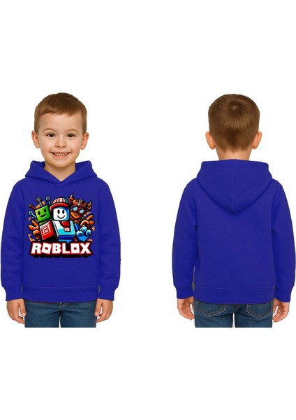 Unisex Roblox Baskılı Çocuk Swaetshirt Baskılı Kapüşonlu 3 Iplik Şardonlu