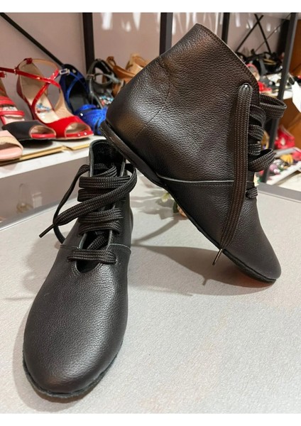 Siyah Deri Kırmızısı Dans Botu- Bağcıklı-Süet Taban - Tüm Danslar Için Uygundur.