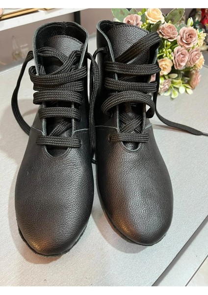 Siyah Deri Kırmızısı Dans Botu- Bağcıklı-Süet Taban - Tüm Danslar Için Uygundur.