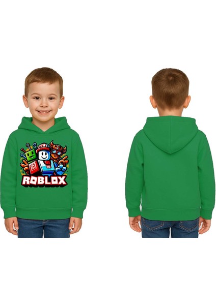 Unisex Roblox Baskılı Çocuk Swaetshirt Baskılı Kapüşonlu 3 Iplik Şardonlu