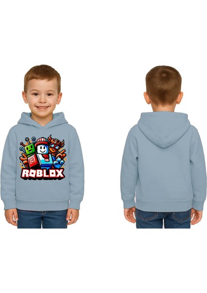 Unisex Roblox Baskılı Çocuk Swaetshirt Baskılı Kapüşonlu 3 Iplik Şardonlu