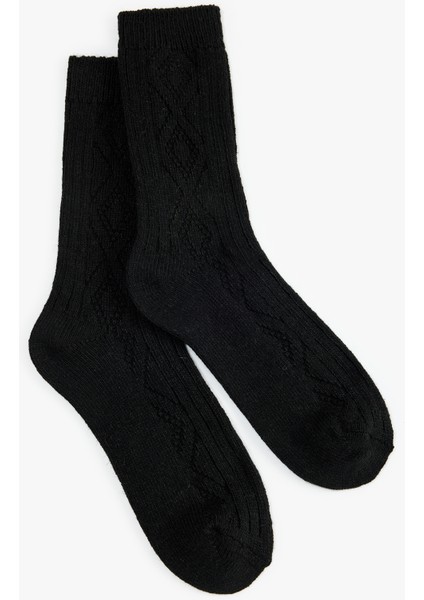 Kalın Koyun Yünü Karışımlı Baklava Desenli Dokulu Soket Çorap