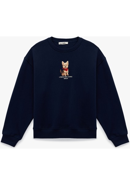 Uzun Kollu Bisiklet Yaka Köpek Baskılı Oversize Sweatshirt