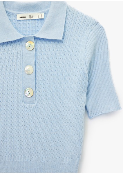 x Melis Ağazat - Kısa Kollu Düğmeli Polo Yaka Saç Örgü Kazak indirimleri