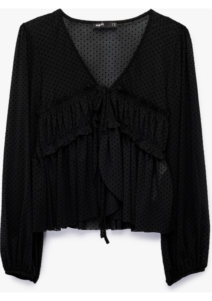 Uzun Kollu Önden Bağlama Detaylı Fırfırlı Puantiyeli Tül Bluz