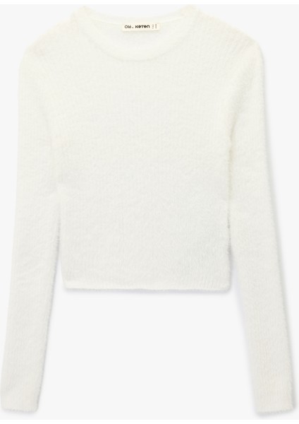 Uzun Kollu Bisiklet Yaka Slim Fit Dokulu Triko Crop Kazak