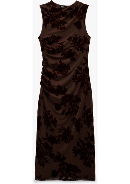 Slim Fit Kolsuz Bisiklet Yaka Drapeli Çiçekli Tül Uzun Kalem Elbise