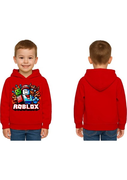 Unisex Roblox Baskılı Çocuk Swaetshirt Baskılı Kapüşonlu 3 Iplik Şardonlu