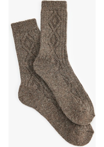 Kalın Koyun Yünü Karışımlı Baklava Desenli Dokulu Soket Çorap