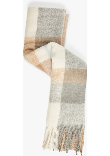 Yumuşak Dokulu Ekoseli Püsküllü Uzun Atkı